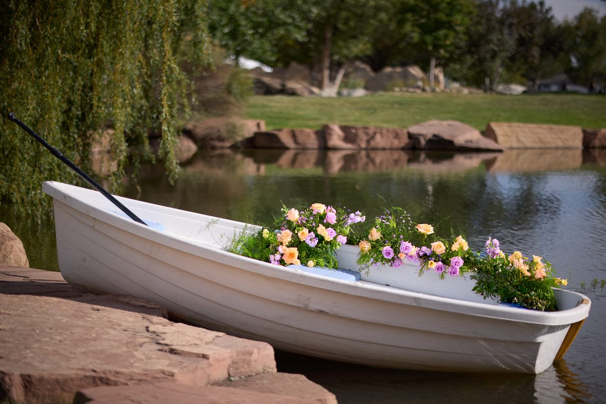 Floral flower boat detail at Lazy Stud Ranch wedding venue, Lyons Colorado